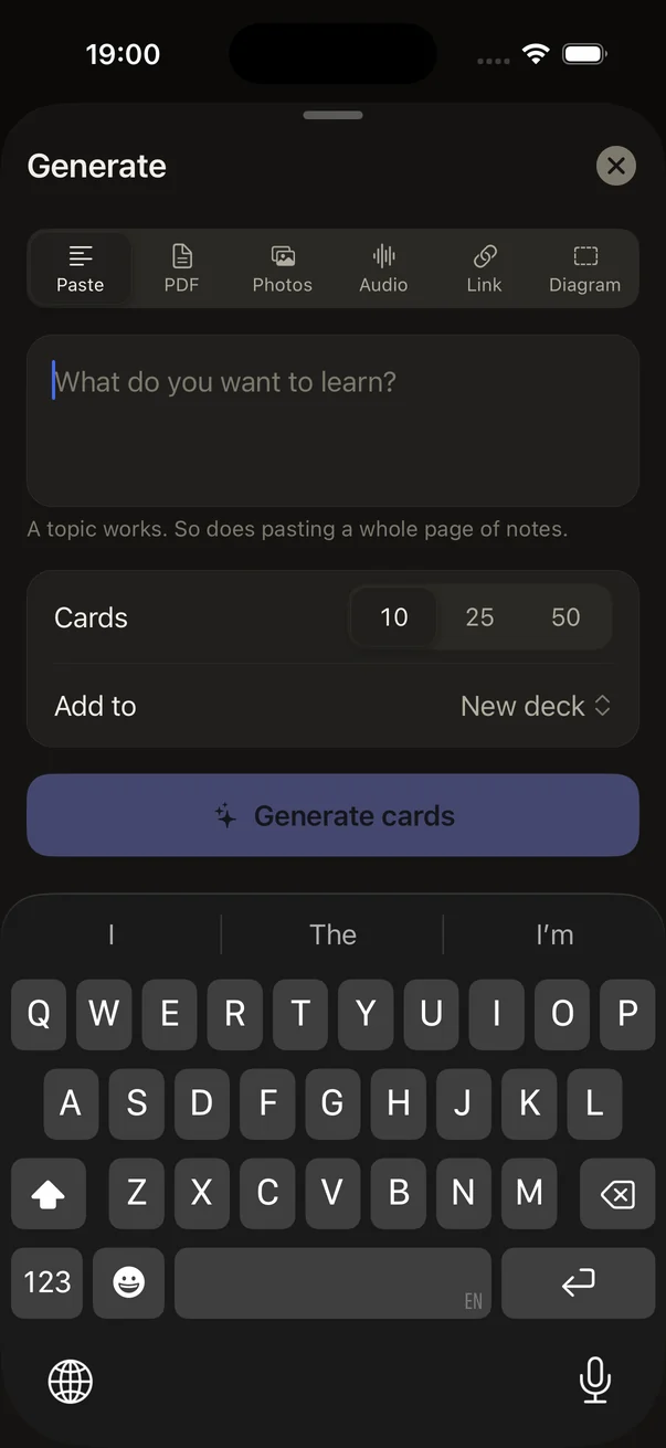 MemSpark: generate cards, dark appearance